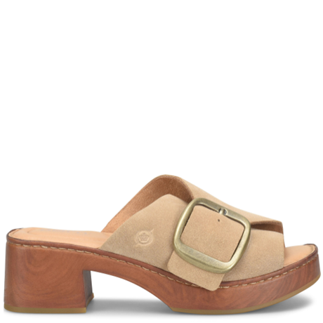 Beige sandal with a gold buckle on a white background