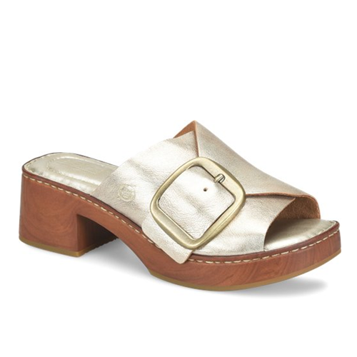Gold open-toe sandal with a brown block heel on a white background