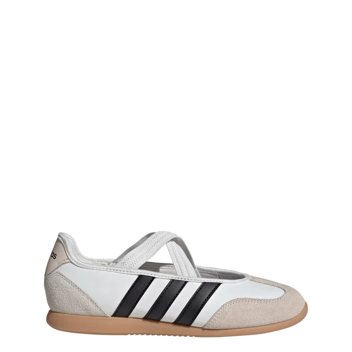 A single Adidas low-top sneaker shown in profile against a light gray background. The shoe features a white leather upper with black three-stripes, beige suede overlays, a white strap across the instep, and a gum-colored sole.