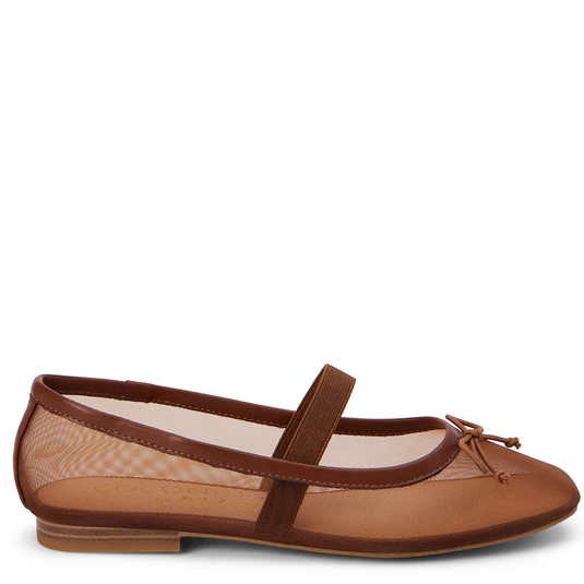 A brown women's ballet flat with mesh/synthetic leather upper and a padded insole, featuring a slip-on style with a decorative bow.