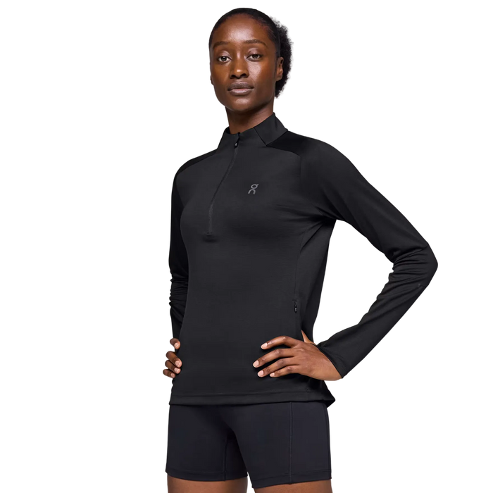 Person wearing a black athletic outfit on a gray background