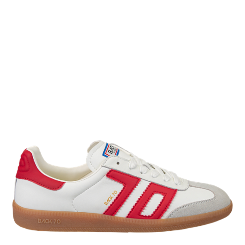 White and red sneaker with brown sole on a white background