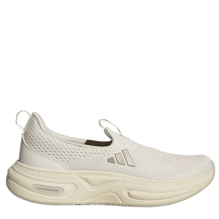 White sneaker with brand logo on a light gray background