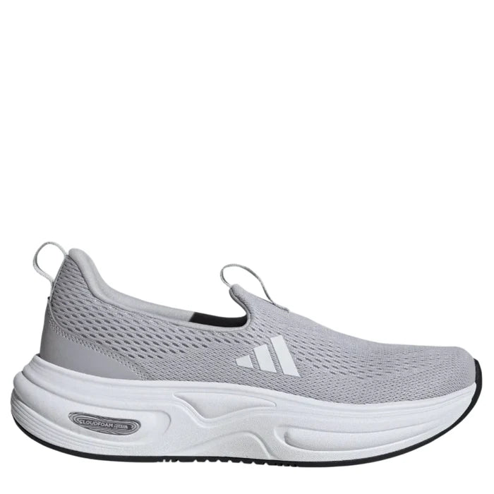 Gray slip-on sneaker with white sole on a light gray background