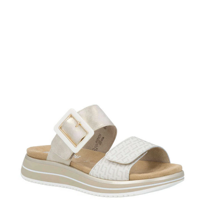 White and beige sandal with a buckle on a white background