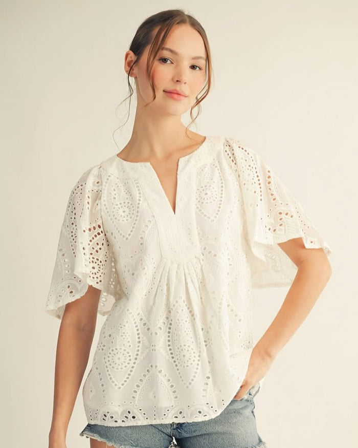 Women's Eyelet Flutter Sleeve Top