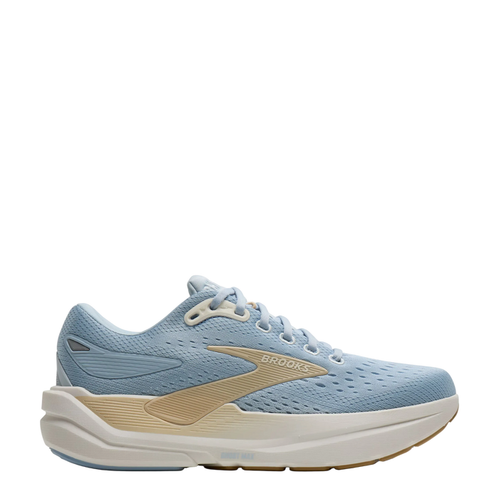 Blue running shoe with beige accents on a white background