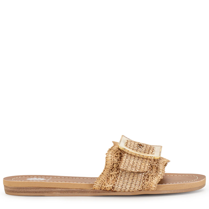 Beige sandal with raffia strap on a white background