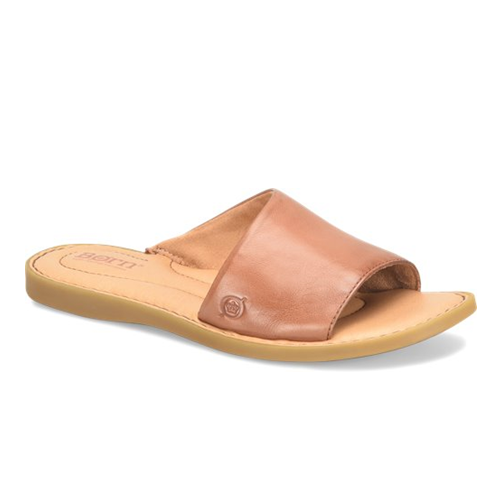 Brown sandal with a visible brand logo on a white background