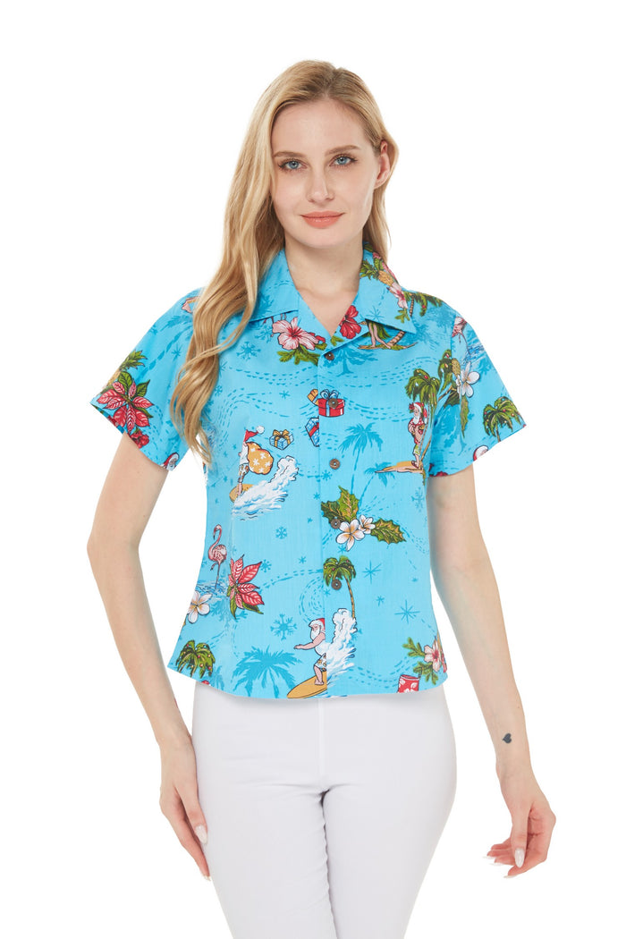 Women's Lady Aloha Shirt in Christmas Turquoise