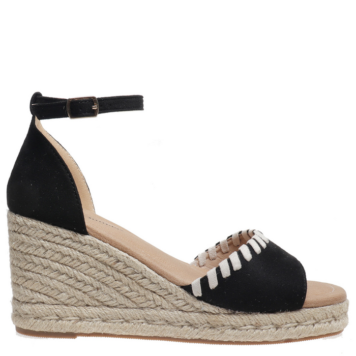 Black wedge sandal with jute sole on a white background