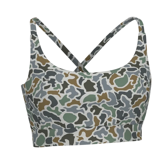 Camouflage-patterned sports bra on a white background