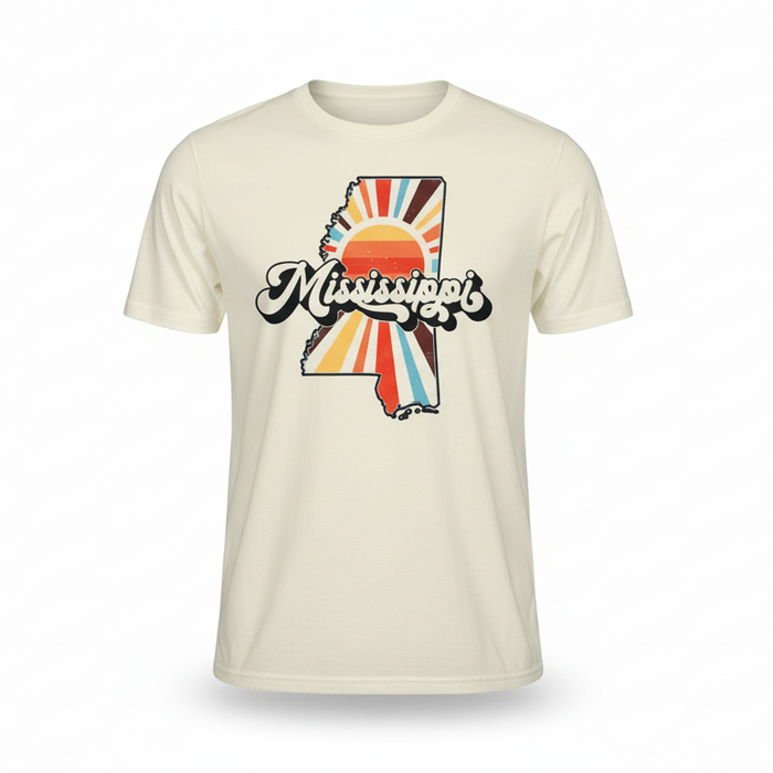 Beige t-shirt with a graphic design of a state outline and sunset on a white background
