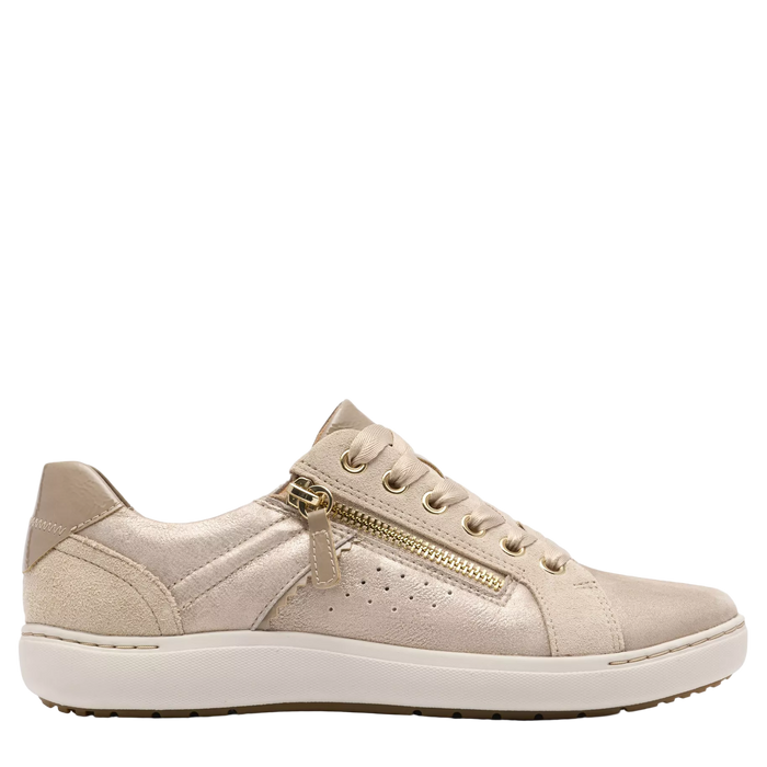 Beige sneaker with a gold zipper on a white background