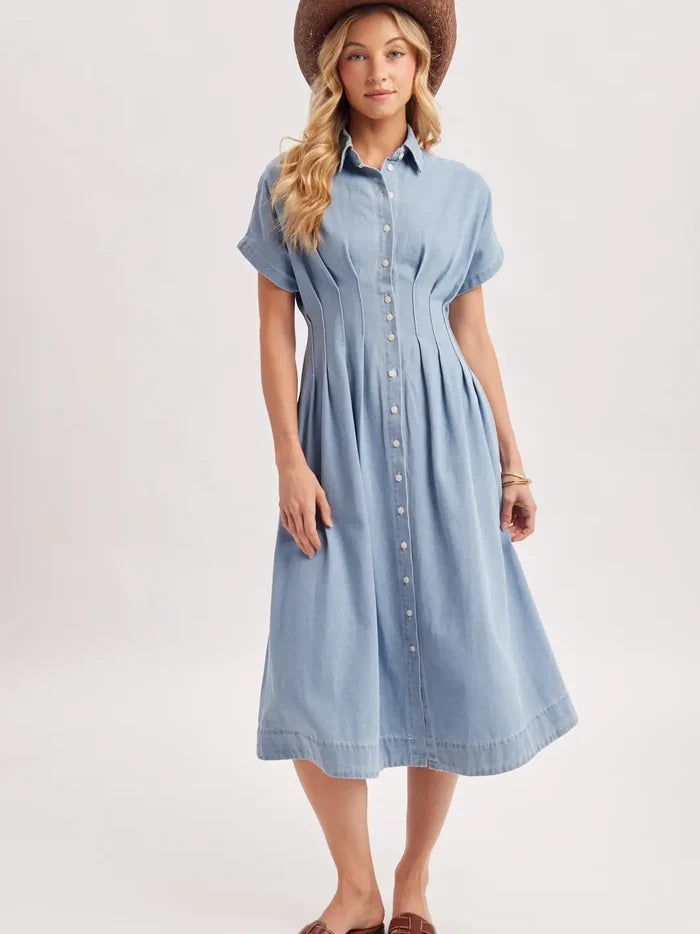 Women's Pleated Waist Denim Shirt Dress