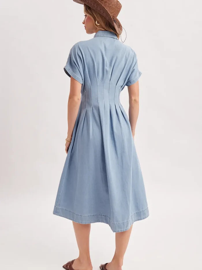 Women's Pleated Waist Denim Shirt Dress
