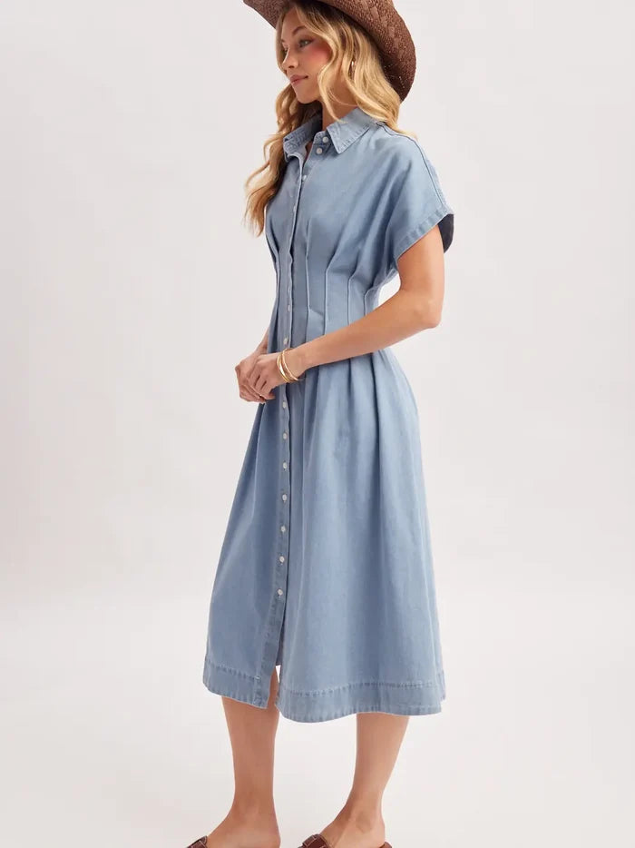 Women's Pleated Waist Denim Shirt Dress