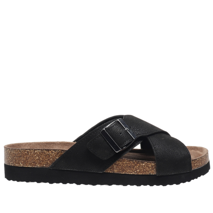Black sandal with cork sole on a white background