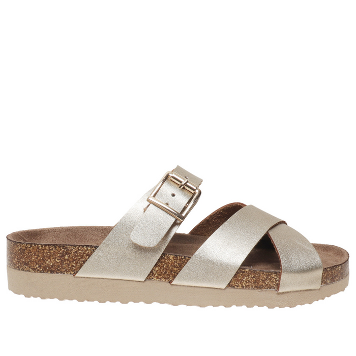 Gold sandal with a strap on a white background