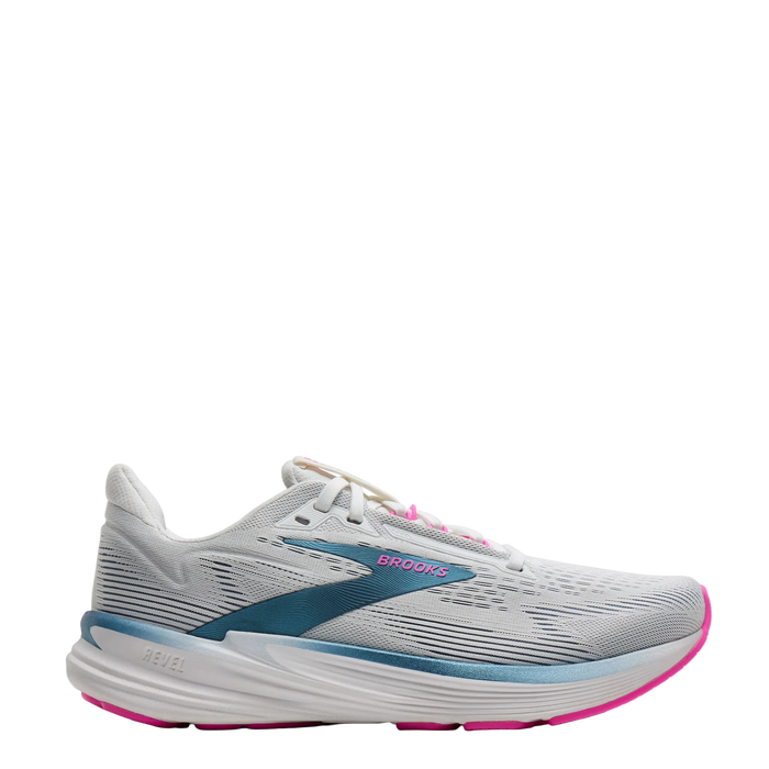 Gray running shoe with pink sole on a white background