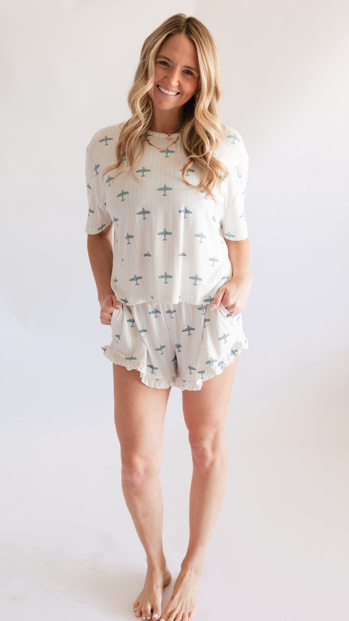 Women's Ruffle Short Set in Blue Planes
