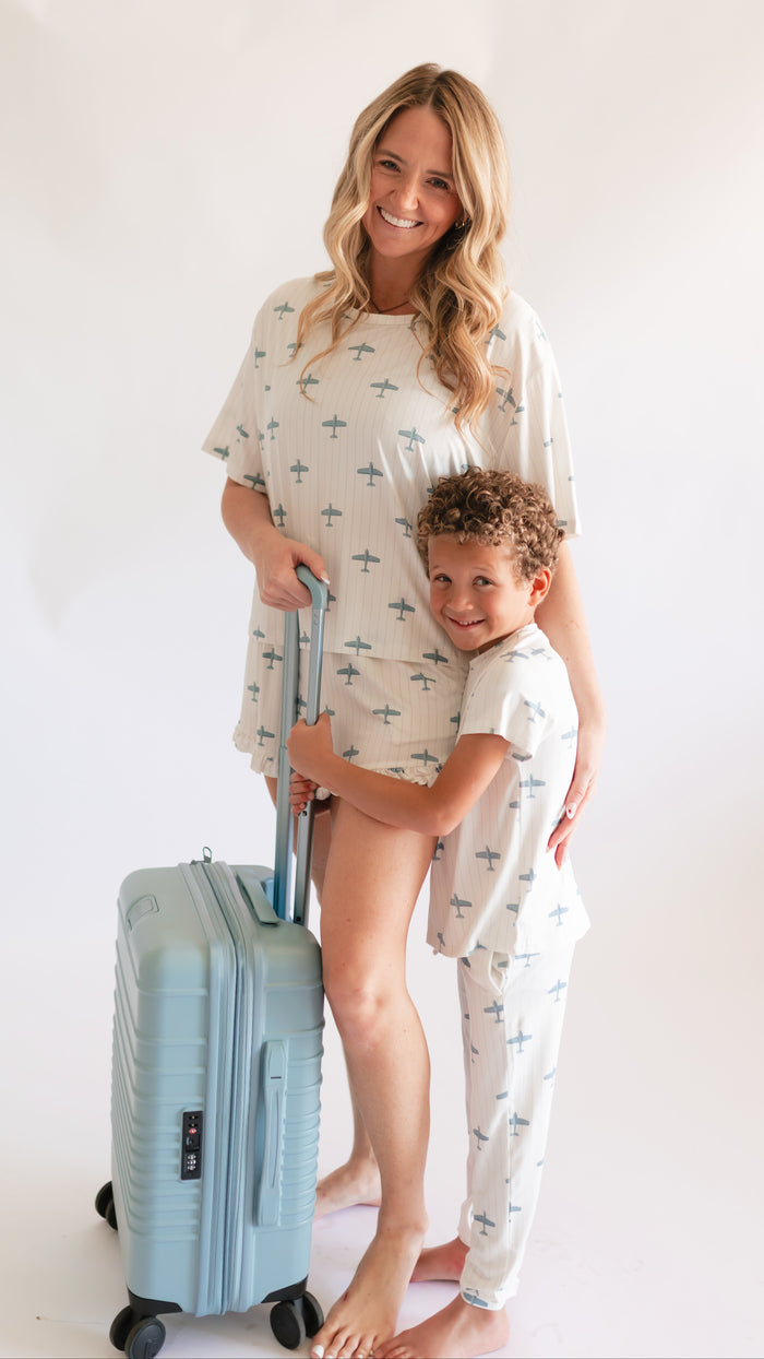 Women's Ruffle Short Set in Blue Planes