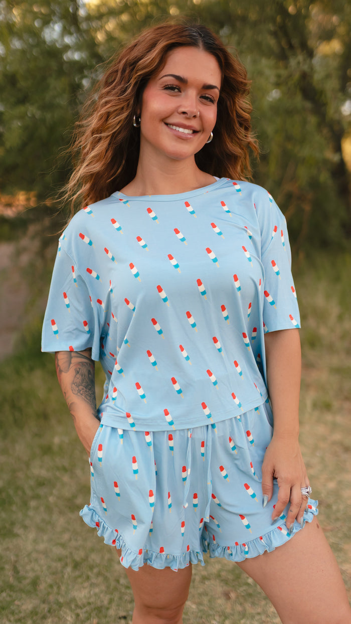 Women's Ruffle Short Set in Blue Popsicles