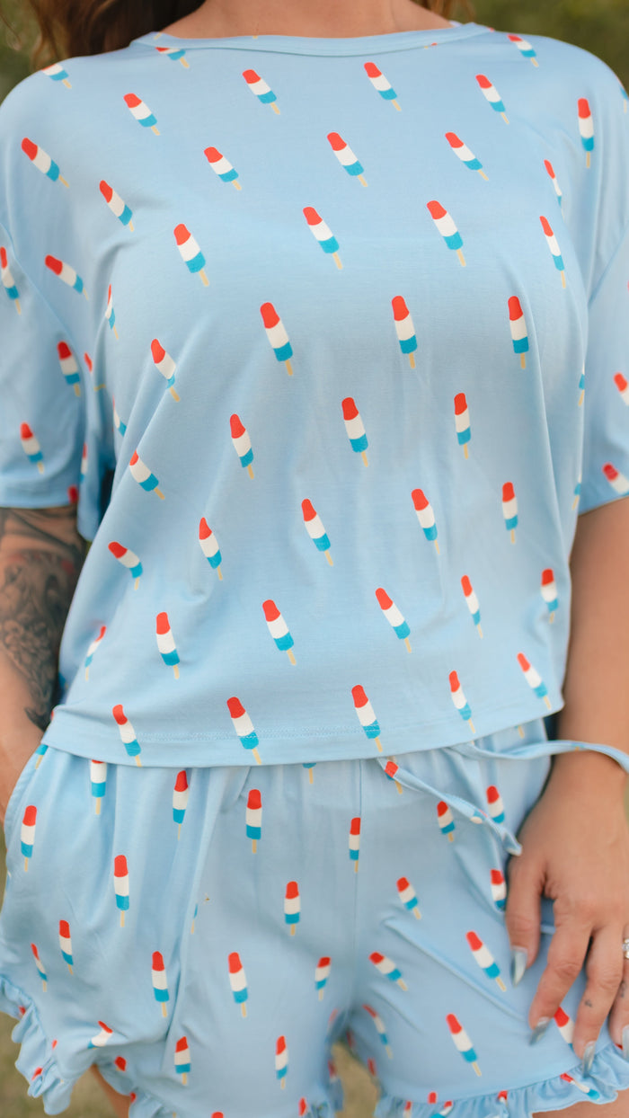 Women's Ruffle Short Set in Blue Popsicles
