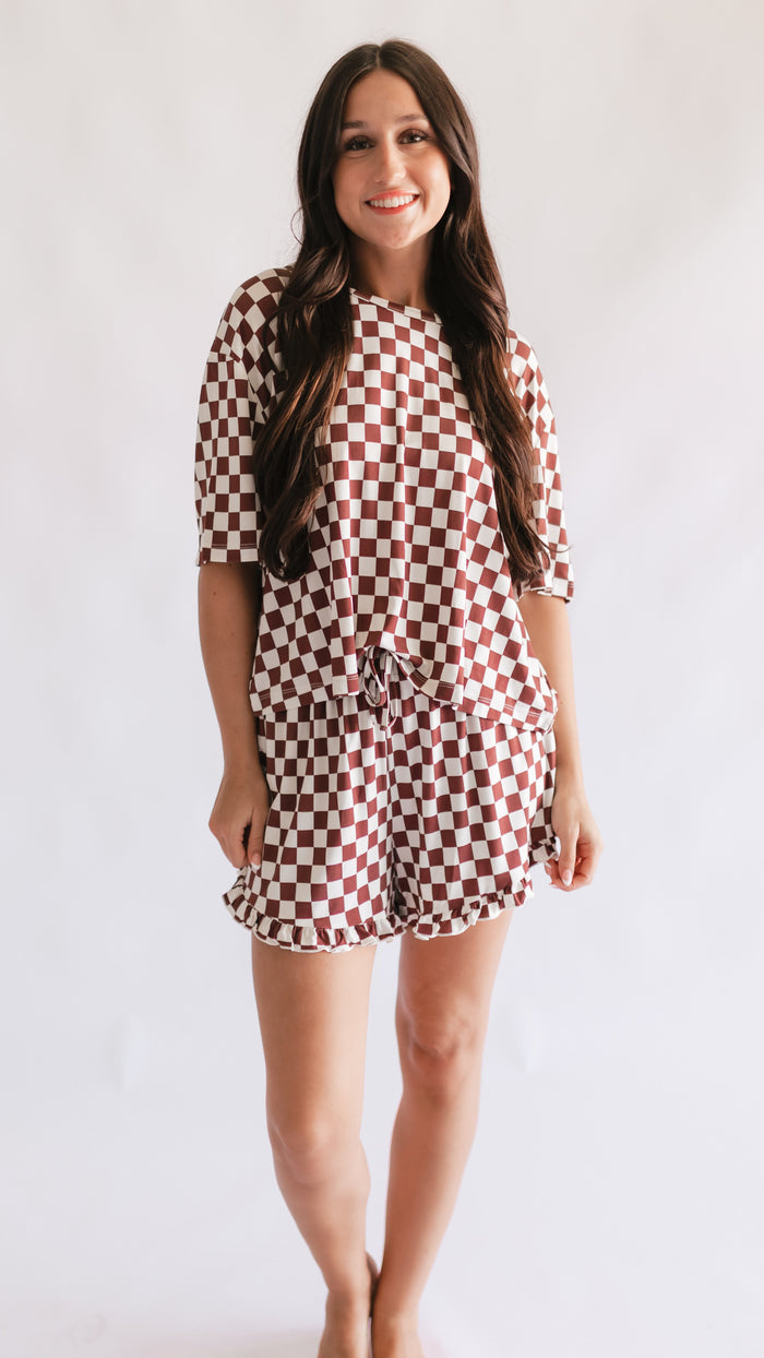 Women's Ruffle Short Set in Cream + Brown Checkered