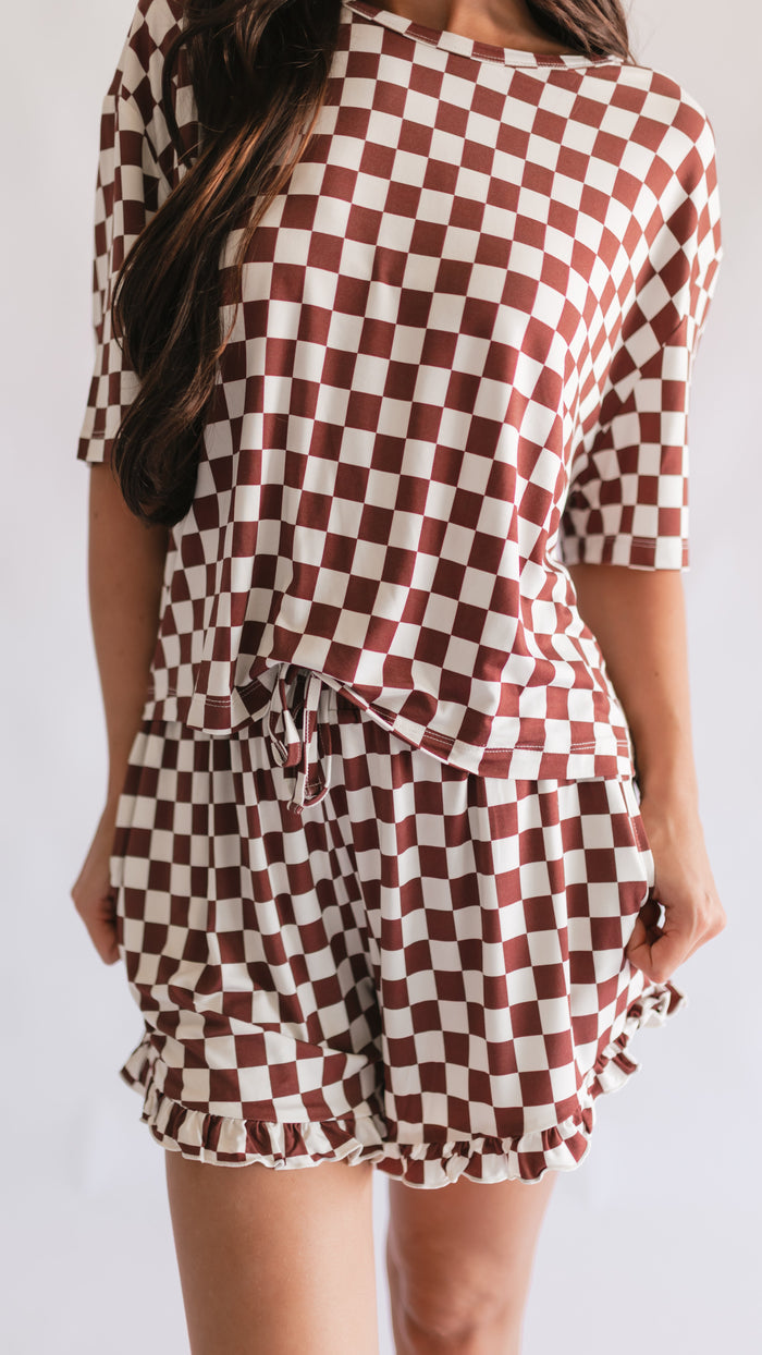Women's Ruffle Short Set in Cream + Brown Checkered