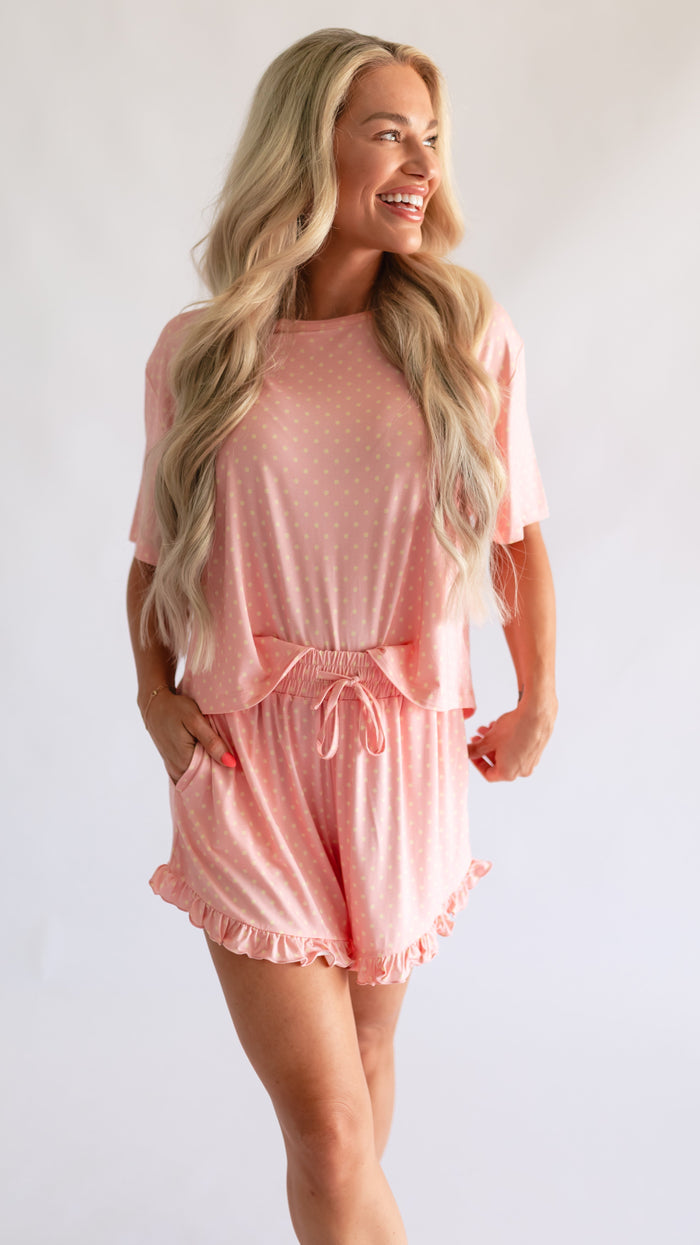 Women's Ruffle Short Set in Pink Polka Dot