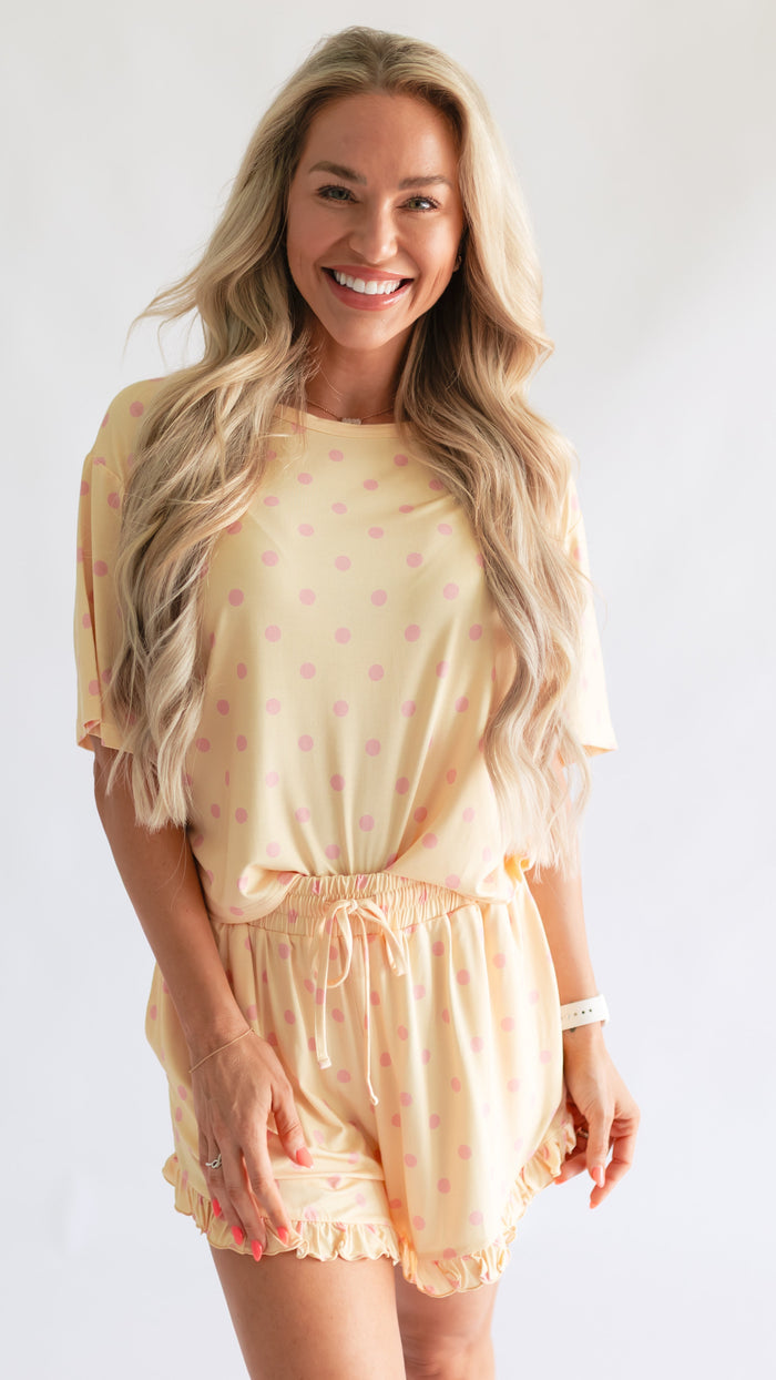 Women's Ruffle Short Set in Yellow Polka Dot