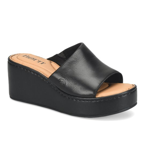 Black wedge sandal with a brand logo on a white background