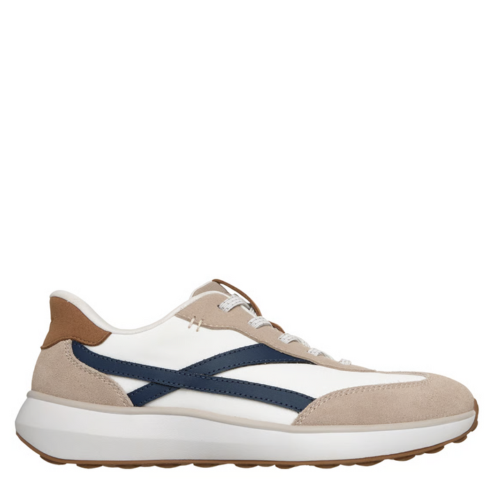 Beige and white sneaker with blue accents on a white background
