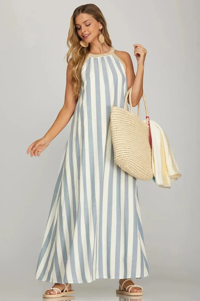Women's Striped Halter Neck A-Line Maxi Dress