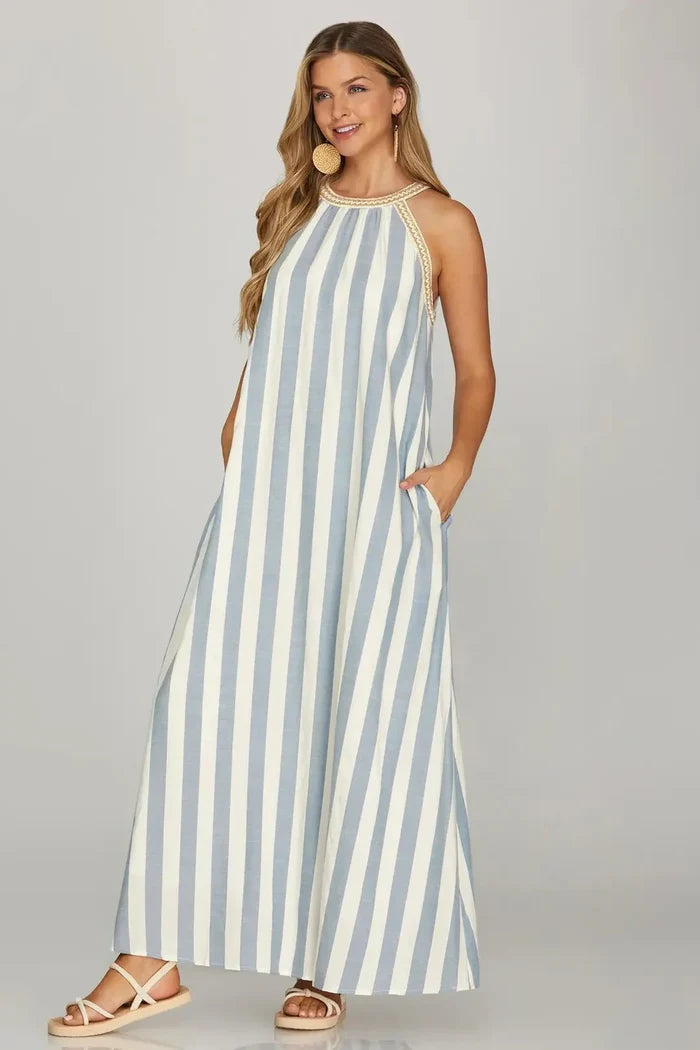 Women's Striped Halter Neck A-Line Maxi Dress