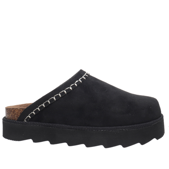 Black suede clog shoe on a white background