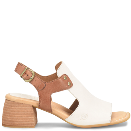 White sandal with brown straps and block heel on a white background
