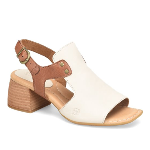 White sandal with brown block heel and strap on a white background