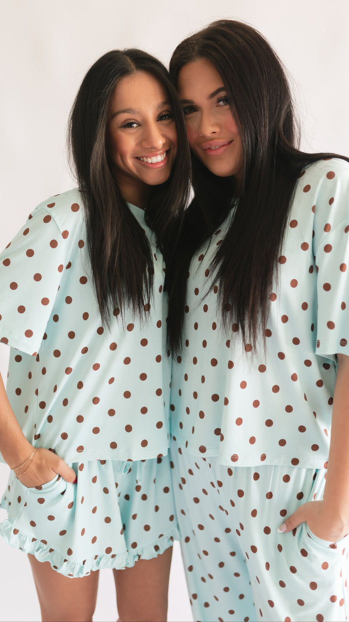 Women's T-Shirt and Pants Set in Blue & Brown Polka Dot