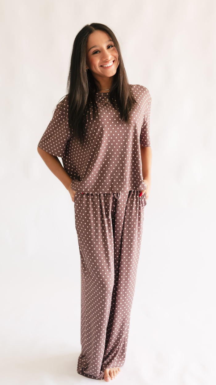 Women's T-Shirt and Pants Set in Brown & Pink Polka Dot