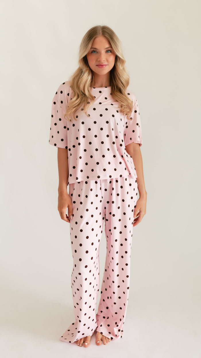 Women's T-Shirt and Pants Set in Pink & Brown Polka Dot