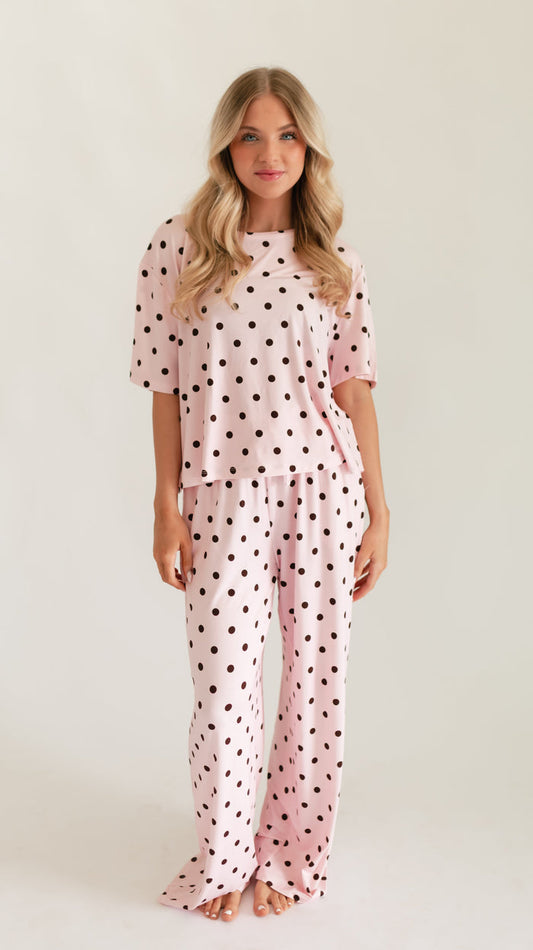 Women's T-Shirt and Pants Set in Pink & Brown Polka Dot