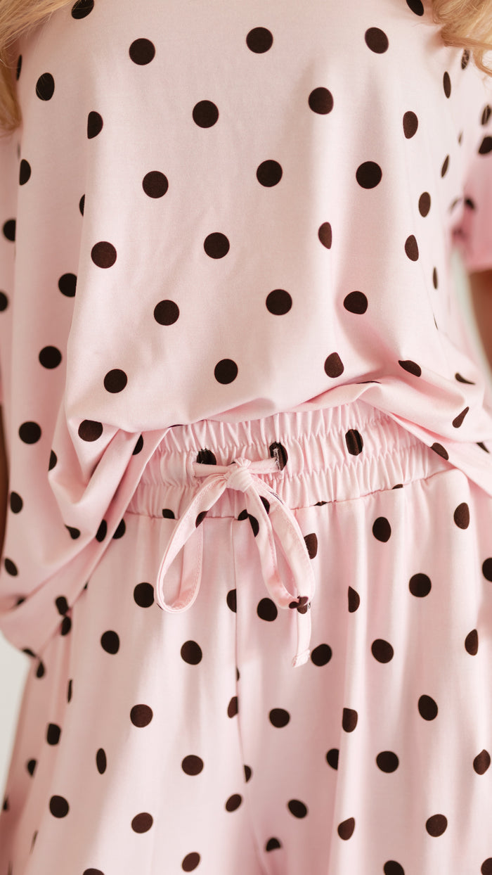 Women's T-Shirt and Pants Set in Pink & Brown Polka Dot