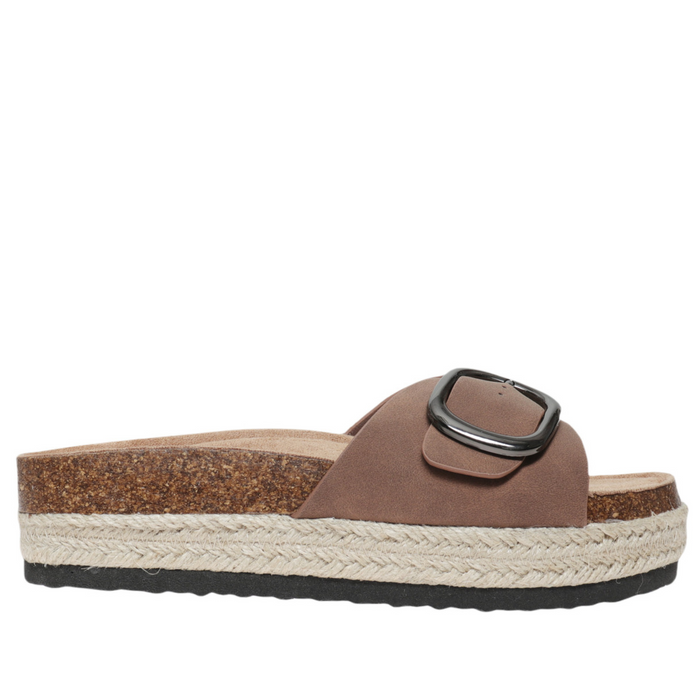 Brown sandal with a buckle on a white background