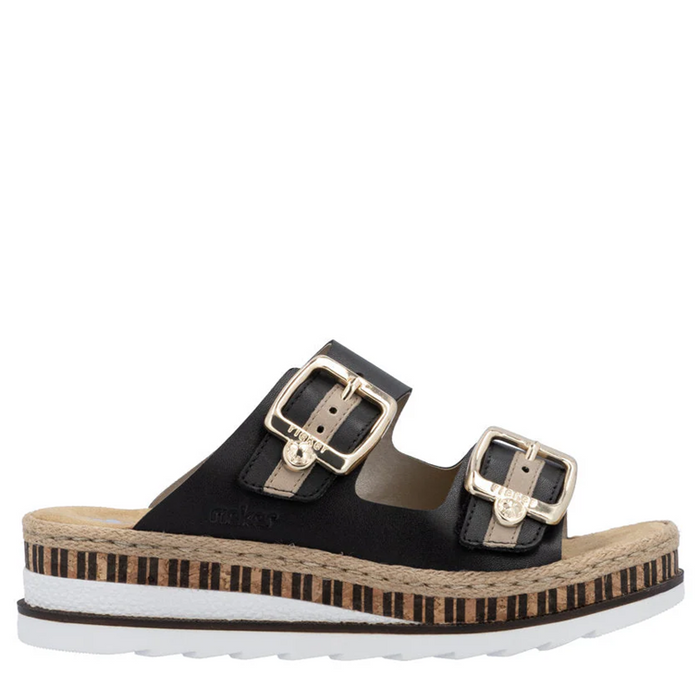 Black sandal with gold buckles on a white background