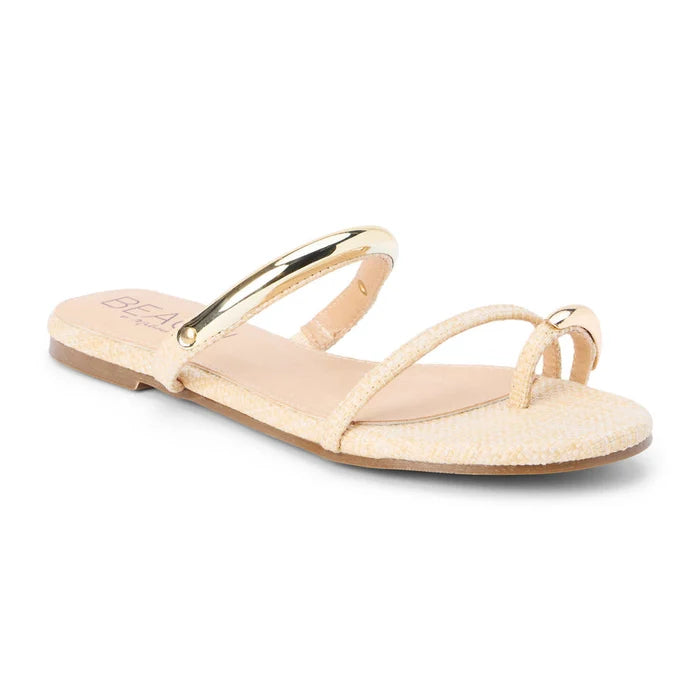 Beige sandal with a gold strap on a white background