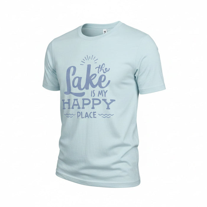 Light blue t-shirt with 'the lake is my happy place' text on a white background