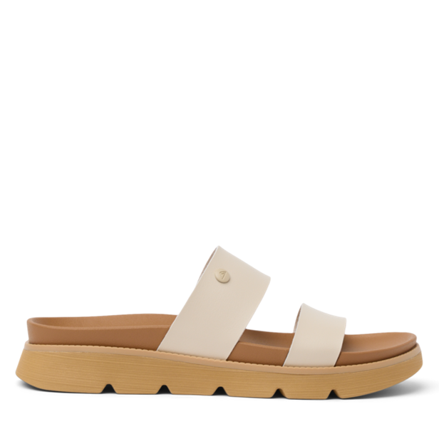 Beige sandal with a white strap on a white background