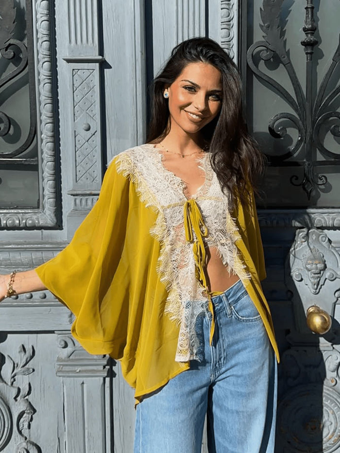 Yelena Lace Tie Up Top - Yellow